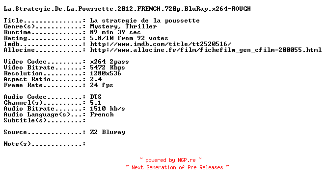NFO for the release La.Strategie.De.La.Poussette.2012.FRENCH.720p.BluRay.x264-ROUGH by ROUGH