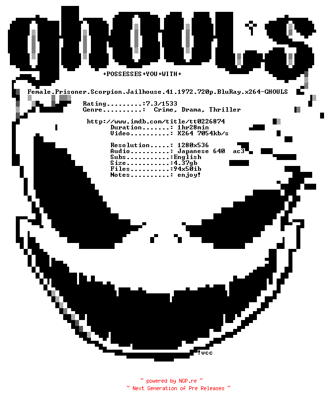 NFO for the release Female.Prisoner.Scorpion.Jailhouse.41.1972.720p.BluRay.x264-GHOULS by GHOULS