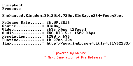 NFO for the release Enchanted.Kingdom.3D.2014.720p.BluRay.x264-PussyFoot by PussyFoot