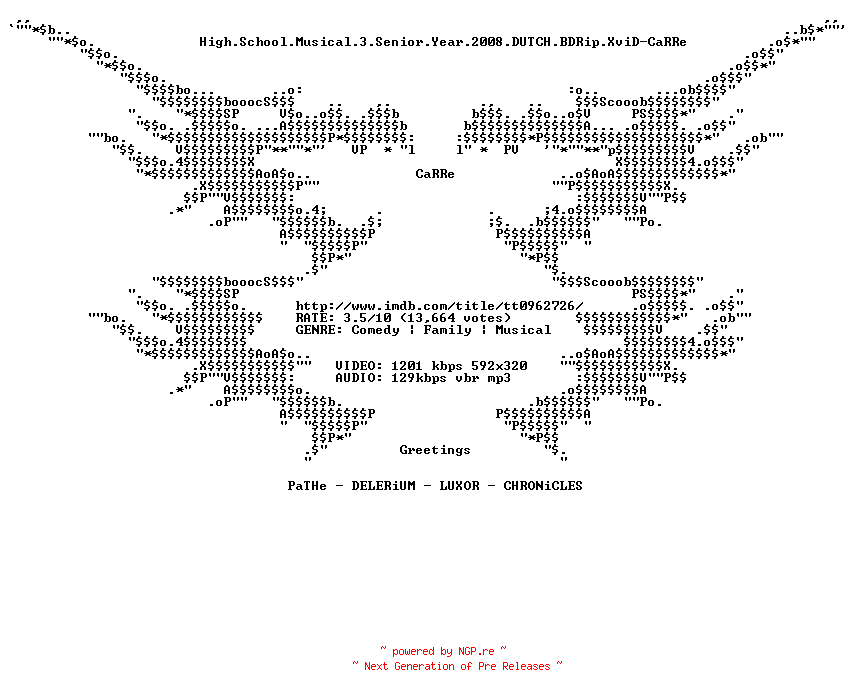 NFO for the release High.School.Musical.3.Senior.Year.2008.DUTCH.BDRip.XviD-CaRRe by CaRRe
