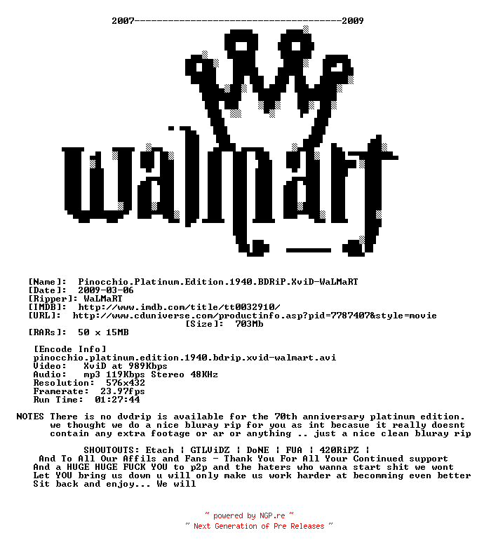 NFO for the release Pinocchio.Platinum.Edition.1940.BDRiP.XviD.iNT-WaLMaRT by WaLMaRT