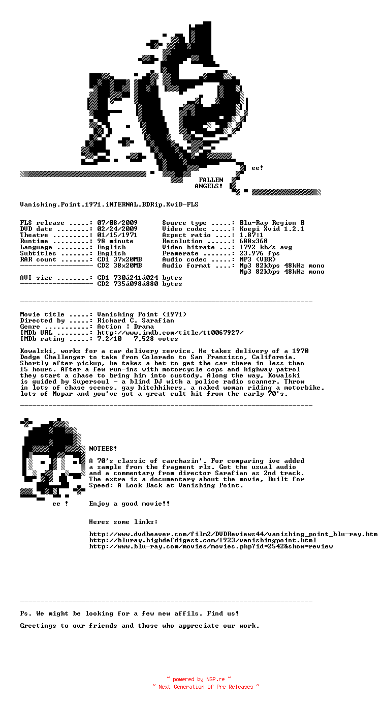 NFO for the release Vanishing.Point.1971.iNTERNAL.BDRip.XviD-FLS by FLS