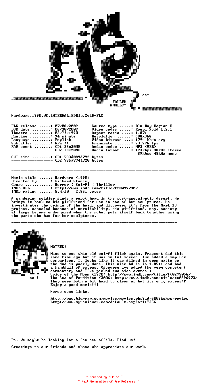 NFO for the release Hardware.1990.WS.iNTERNAL.BDRip.XviD-FLS by FLS