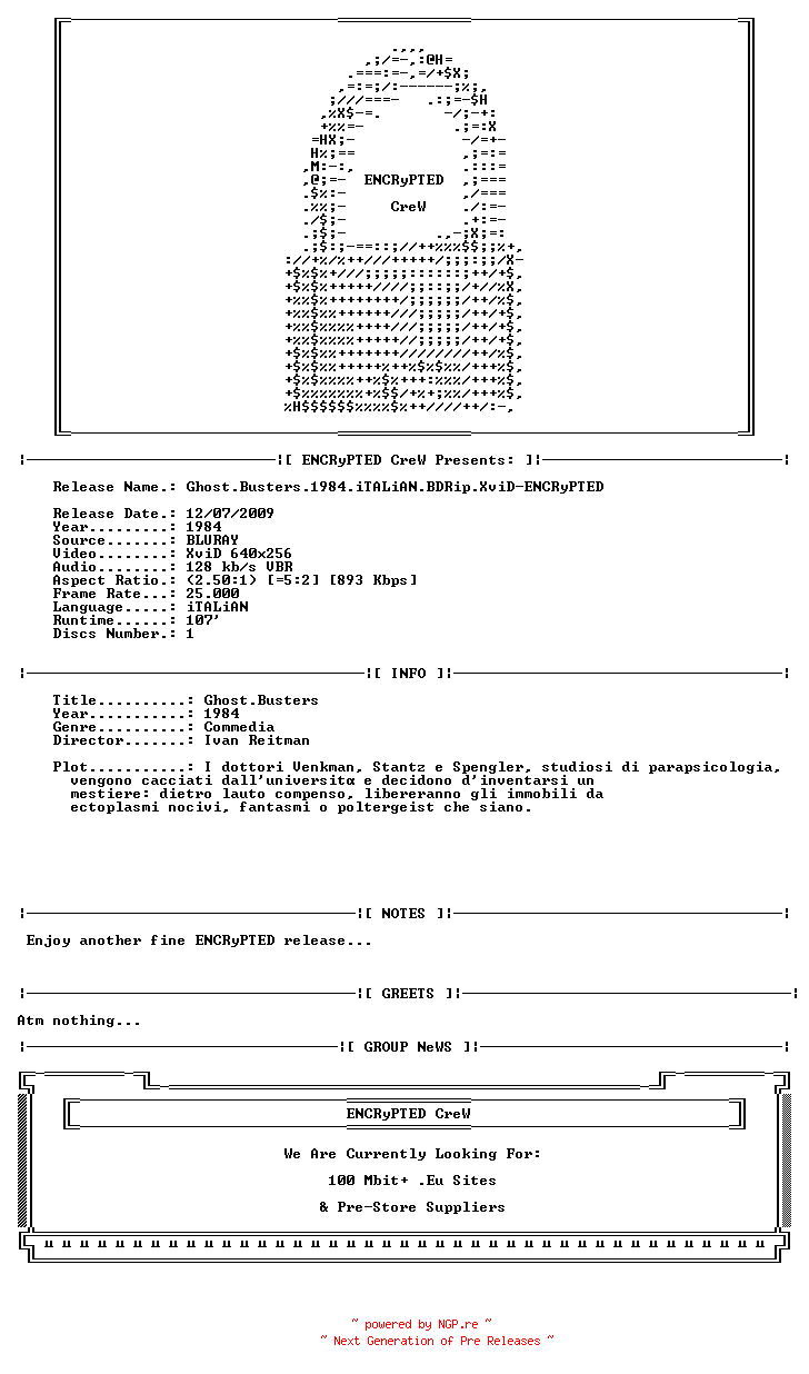NFO for the release Ghost.Busters.1984.iTALiAN.BDRip.XviD-ENCRyPTED by ENCRyPTED
