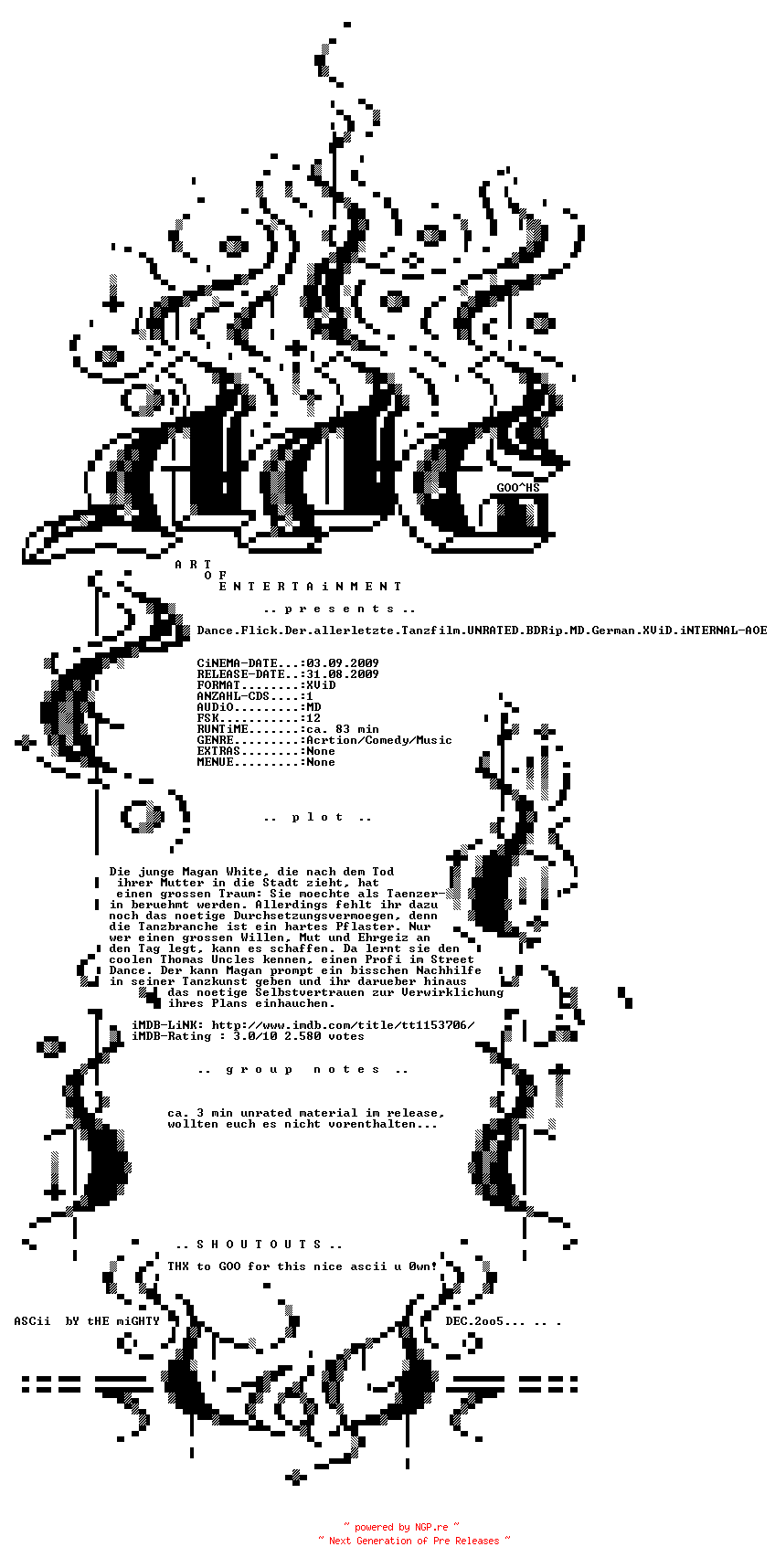 NFO for the release Dance.Flick.Der.allerletzte.Tanzfilm.UNRATED.BDRip.MD.German.XViD.iNTERNAL-AOE by AOE