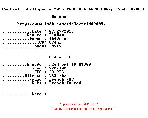 NFO for the release Central.Intelligence.2016.PROPER.FRENCH.BDRip.x264-PRiDEHD by PRiDEHD
