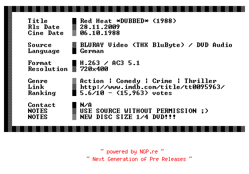 NFO for the release Red.Heat.German.1988.Dubbed.BDRiP.XviD-NQX by NQX