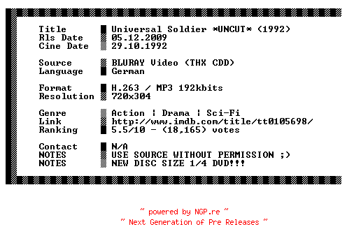 NFO for the release Universal.Soldier.Uncut.German.1992.BDRiP.XviD-NQX by NQX
