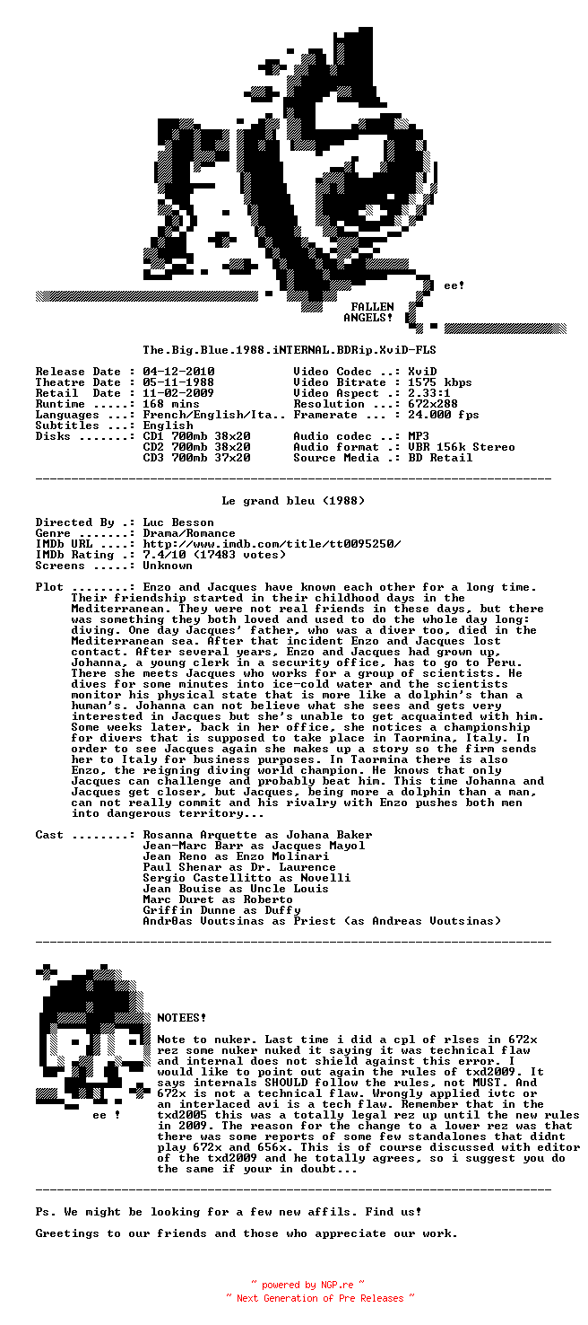 NFO for the release The.Big.Blue.1988.iNTERNAL.BDRip.XviD-FLS by FLS