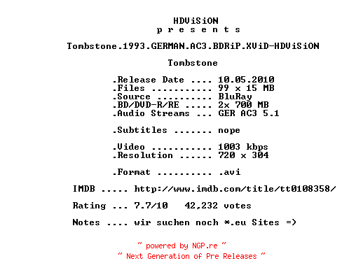 NFO for the release Tombstone.1993.GERMAN.AC3.BDRiP.XViD-HDViSiON by HDViSiON