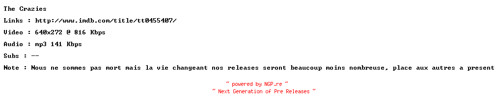 NFO for the release The.Crazies.FRENCH.BDRiP.XviD-SURViVAL by SURViVAL