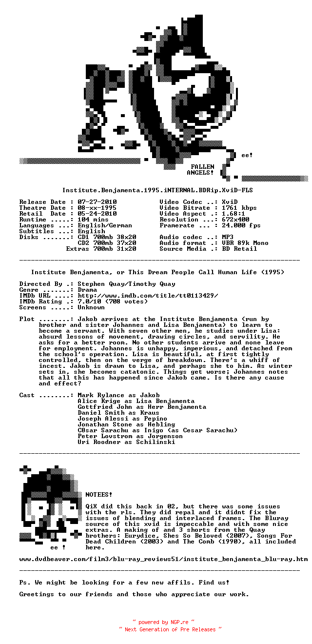 NFO for the release Institute.Benjamenta.1995.iNTERNAL.BDRip.XviD-FLS by FLS