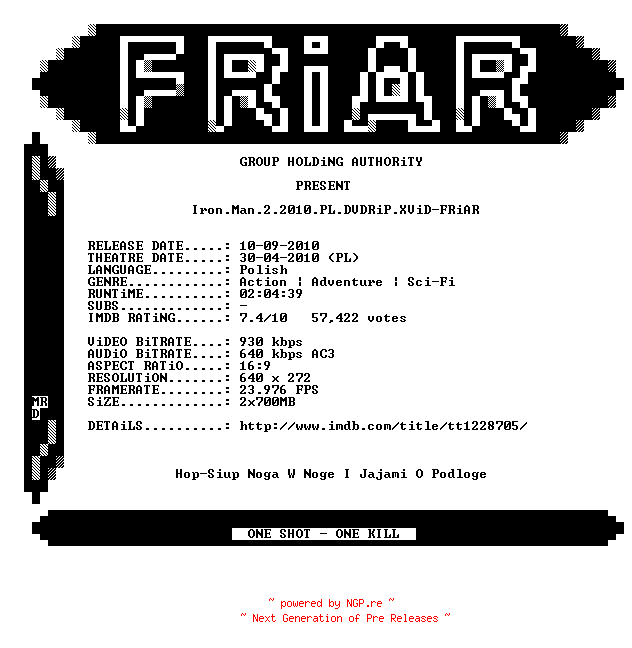 NFO for the release Iron.Man.2.2010.PL.BDRiP.XViD-FRiAR by FRiAR