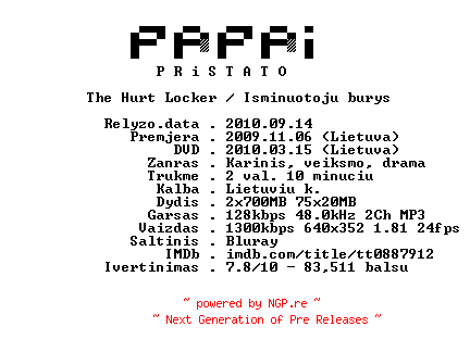 NFO for the release The.Hurt.Locker.2008.LT.BDRip.XviD-PAPAi by PAPAi