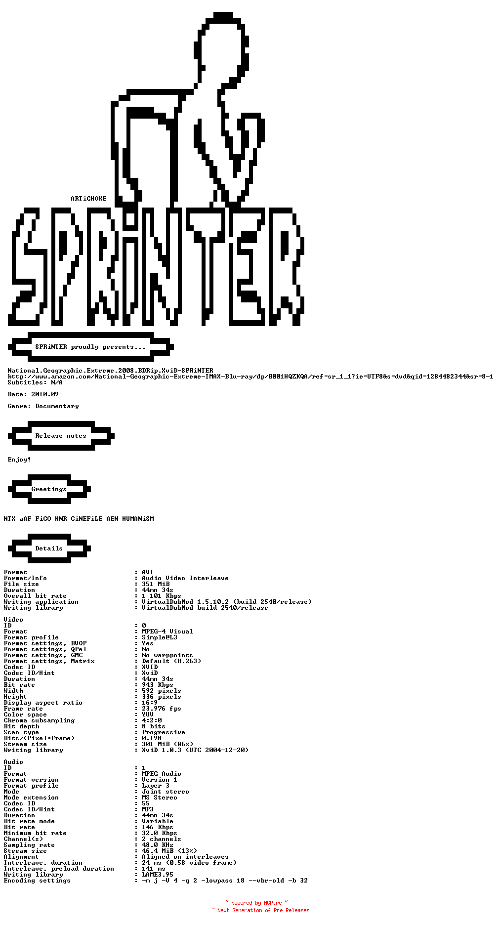 NFO for the release National.Geographic.Extreme.2008.BDRip.XviD-SPRiNTER by SPRiNTER