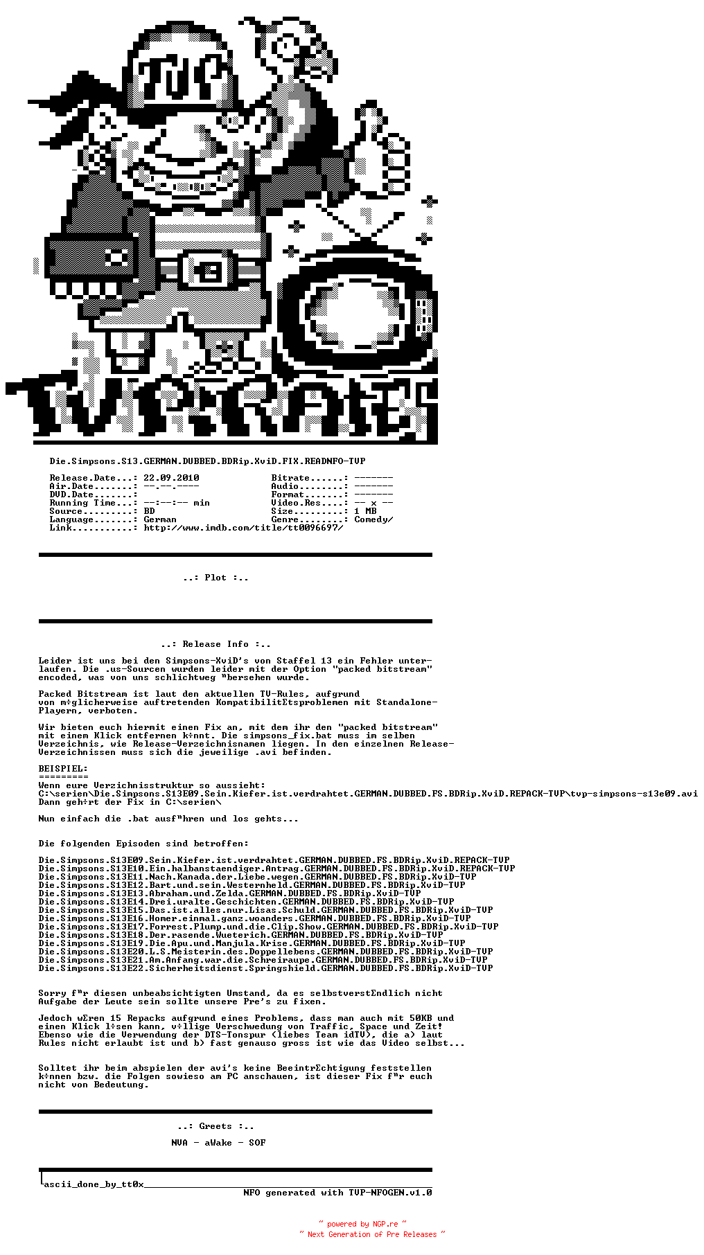 NFO for the release Die.Simpsons.S13.GERMAN.DUBBED.BDRip.XviD.FIX.READNFO-TVP by TVP