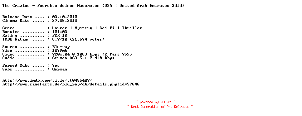 NFO for the release The.Crazies.Fuerchte.deinen.Naechsten.German.AC3.BDRip.XviD-EXQUiSiTE by EXQUiSiTE