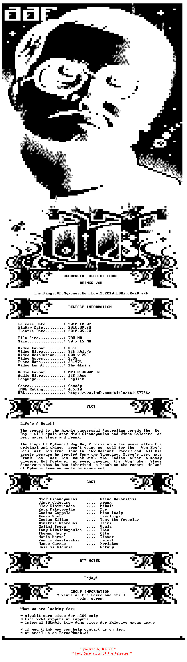 NFO for the release The.Kings.Of.Mykonos.Wog.Boy.2.2010.BDRip.XviD-aAF by aAF