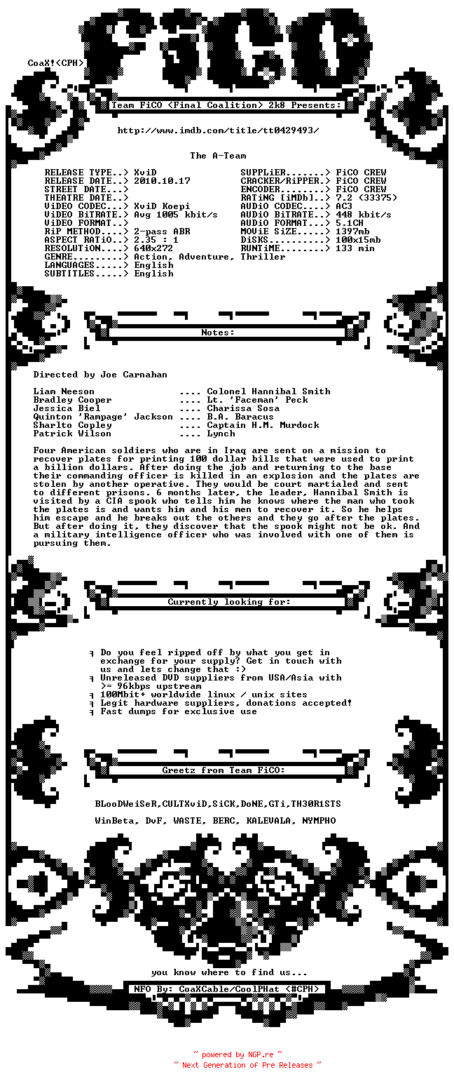 NFO for the release The.A-Team.EXTENDED.CUT.2010.BDRip.XviD-FiCO by FiCO