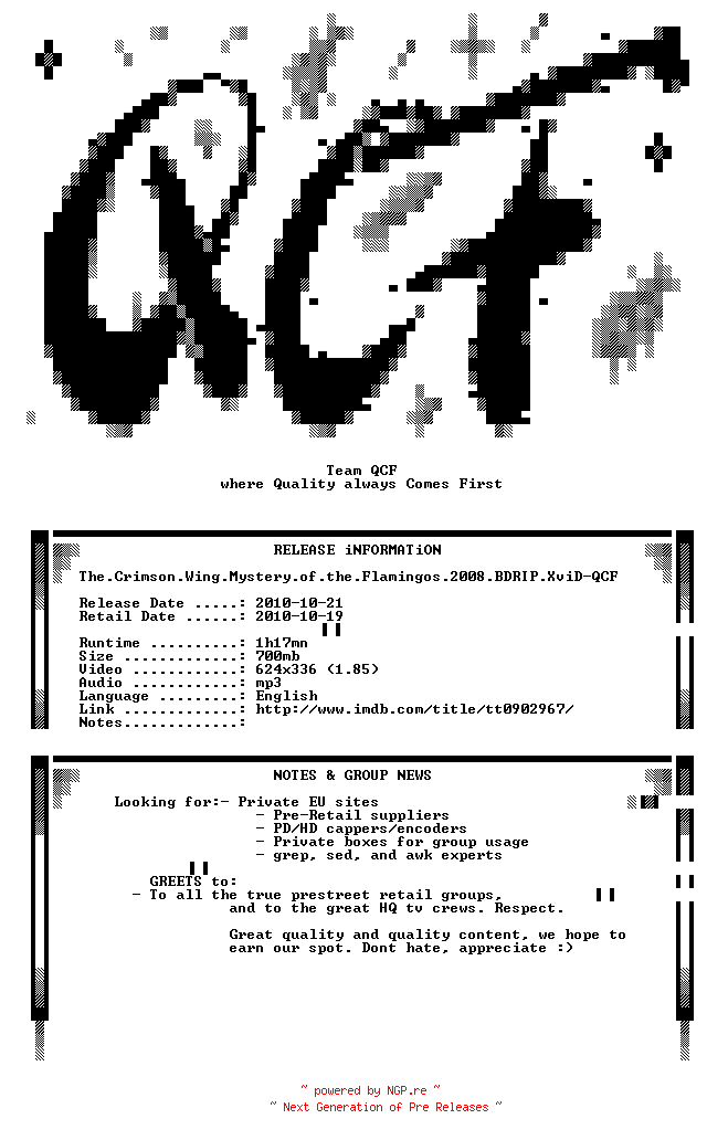 NFO for the release The.Crimson.Wing.Mystery.of.the.Flamingos.2008.BDRIP.XviD-QCF by QCF