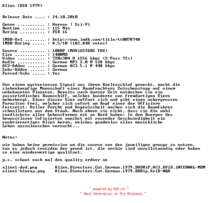 NFO for the release Alien.Directors.Cut.German.1979.BDRip.XviD-NQD by NQD