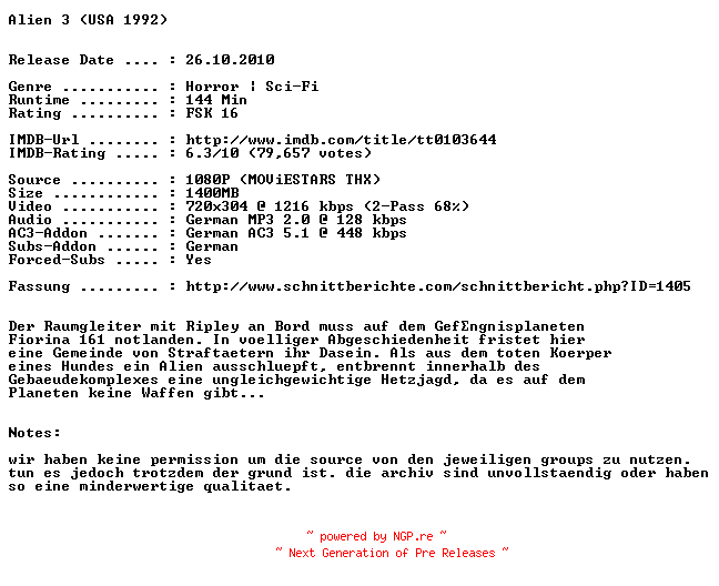 NFO for the release Alien.3.SE.German.1992.BDRip.XviD-NQD by NQD