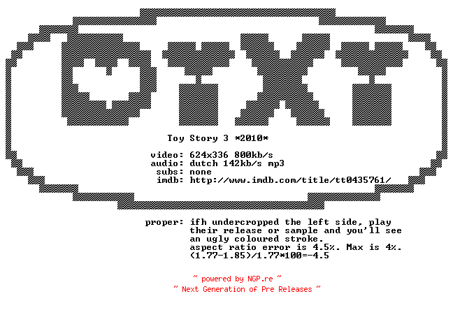 NFO for the release Toy.Story.3.2010.DUTCH.PROPER.BDRip.XviD-DiXi by DiXi