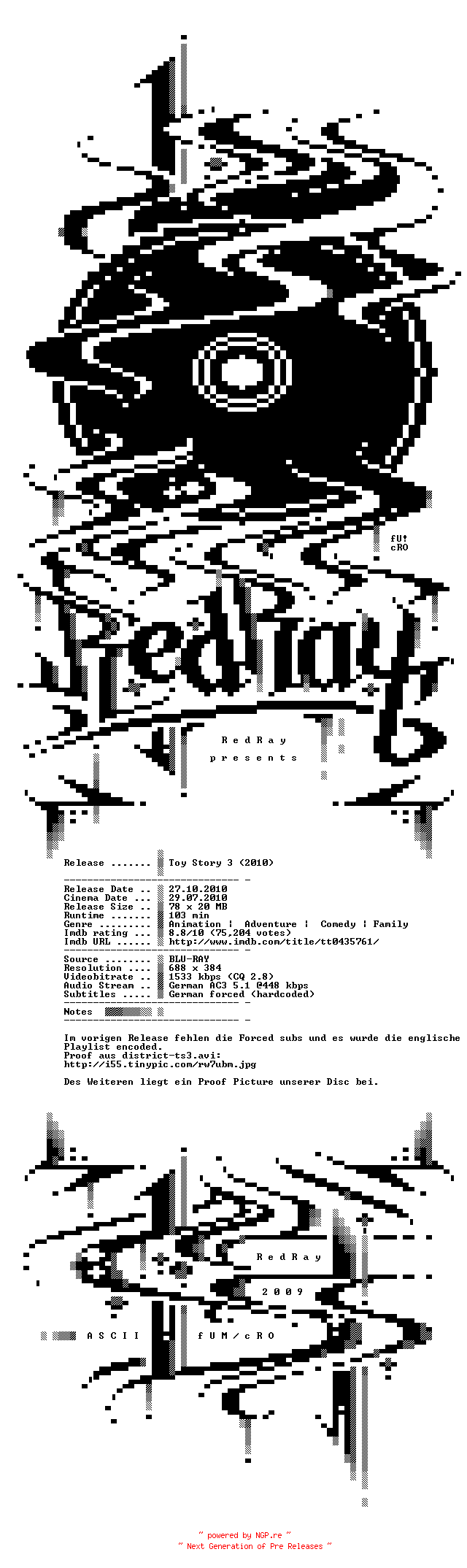 NFO for the release Toy.Story.3.German.AC3.BDRip.XviD.PROPER-RedRay by RedRay