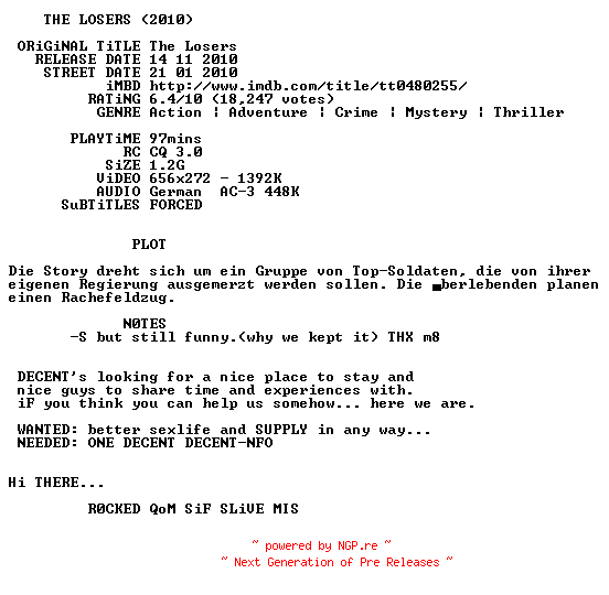 NFO for the release The.Losers.German.2010.AC3.BDRip.XviD-DECENT by DECENT