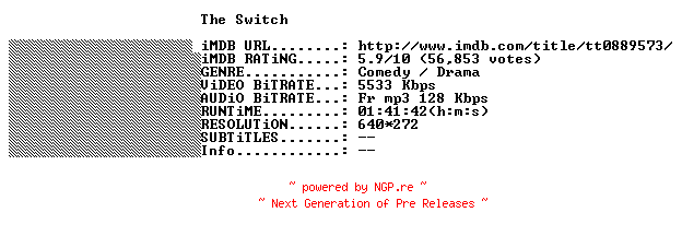 NFO for the release The.Switch.2010.FRENCH.BDRiP.XViD-THENiGHTMARE by THENiGHTMARE