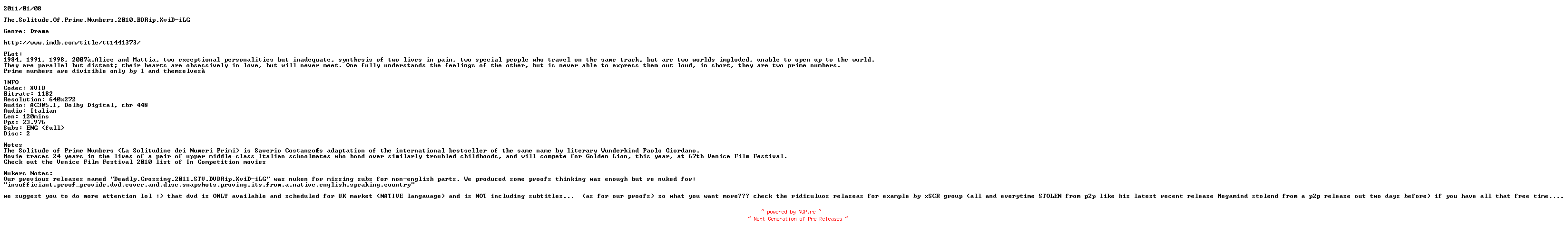 NFO for the release The.Solitude.Of.Prime.Numbers.2010.BDRip.XviD-iLG by iLG
