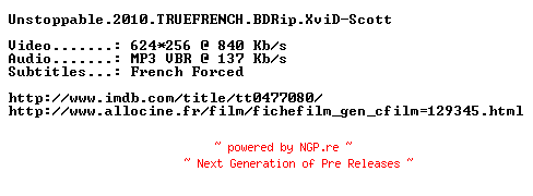 NFO for the release Unstoppable.2010.TRUEFRENCH.BDRip.XviD-Scott by Scott