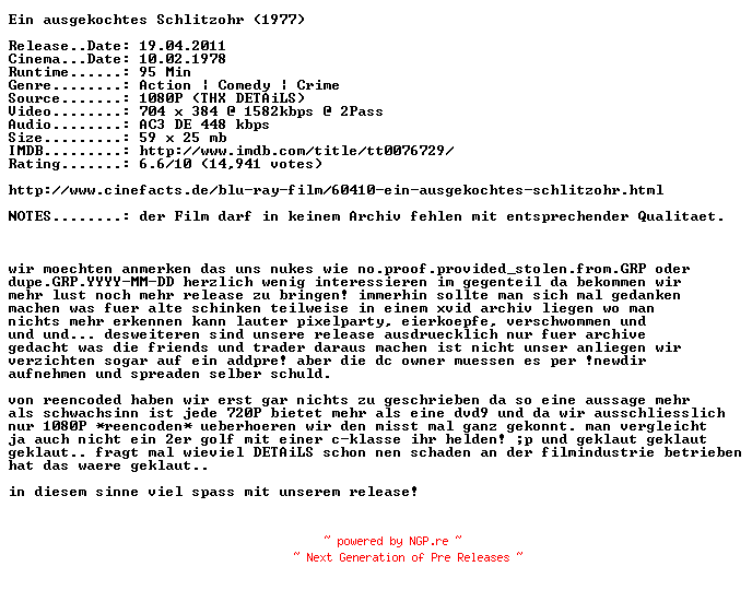 NFO for the release Ein.ausgekochtes.Schlitzohr.German.1977.AC3.BDRip.XviD-NQD by NQD