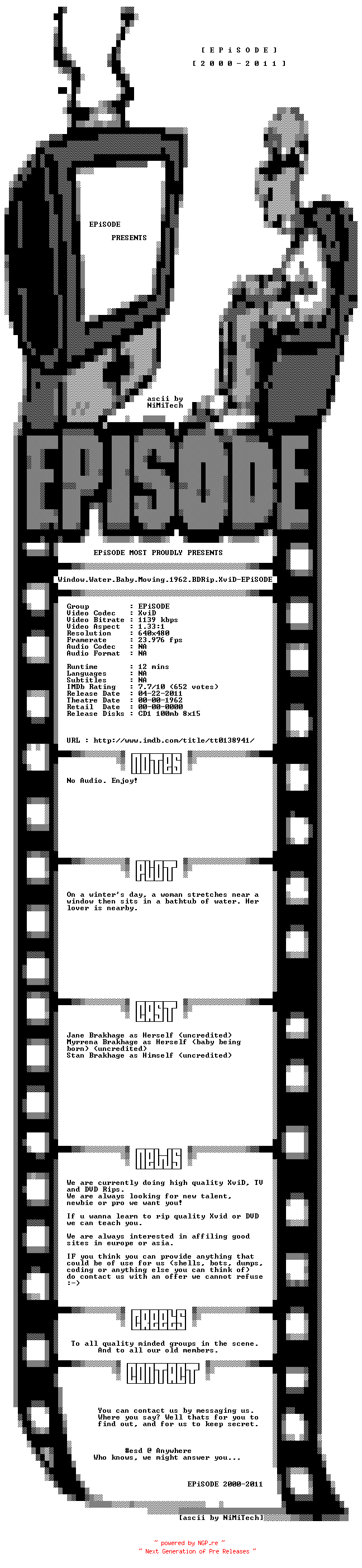 NFO for the release Window.Water.Baby.Moving.1962.BDRip.XviD-EPiSODE by EPiSODE
