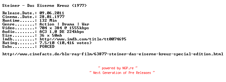 NFO for the release Steiner.Das.Eiserne.Kreuz.German.1977.AC3.BDRip.XviD.INTERNAL-ARC by ARC