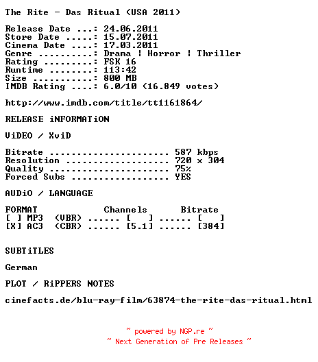 NFO for the release The.Rite.Das.Ritual.2011.German.AC3.BDRip.XviD-EHEC by EHEC