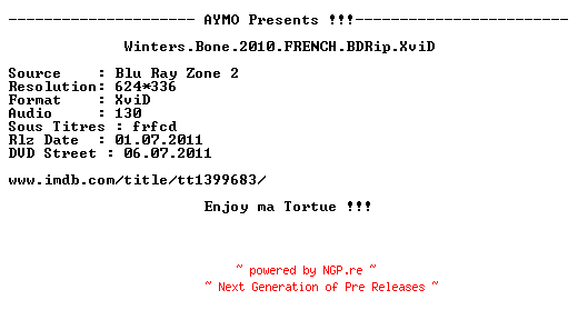 NFO for the release Winters.Bone.2010.FRENCH.BDRip.XviD-AYMO by AYMO