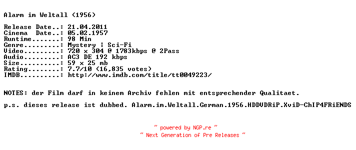 NFO for the release Alarm.im.Weltall.German.1956.AC3.BDRip.XviD-NQD by NQD