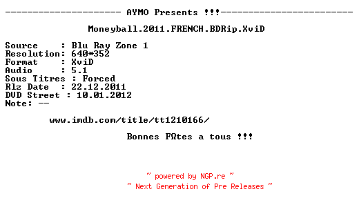 NFO for the release Moneyball.2011.FRENCH.BDRip.XviD-AYMO by AYMO