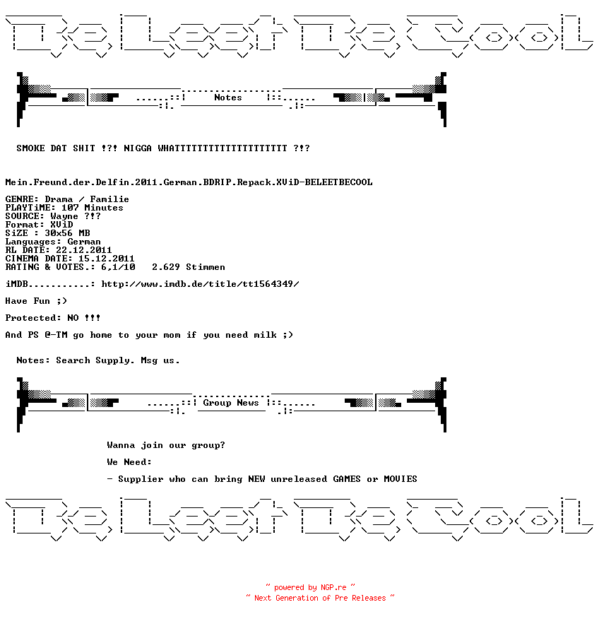 NFO for the release Mein.Freund.der.Delfin.2011.German.BDRIP.Repack.XViD-BELEETBECOOL by BELEETBECOOL