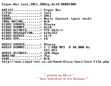 NFO for the release Sigur.Ros.Inni.2011.BDRip.XviD-BAND1D0S by BAND1D0S