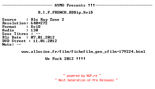 NFO for the release R.I.F.FRENCH.BDRip.XviD-AYMO by AYMO