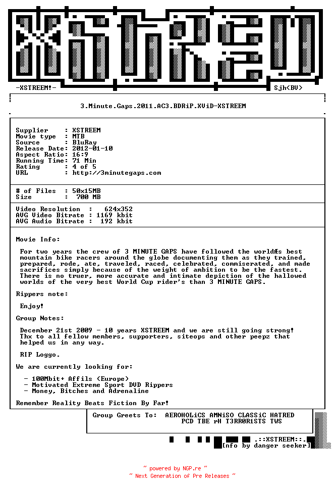 NFO for the release 3.Minute.Gaps.2011.AC3.BDRiP.XViD-XSTREEM by XSTREEM