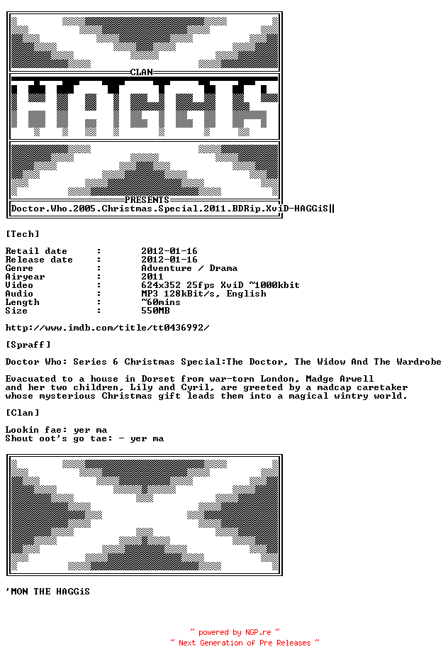 NFO for the release Doctor.Who.2005.Christmas.Special.2011.BDRip.XviD-HAGGiS by HAGGiS