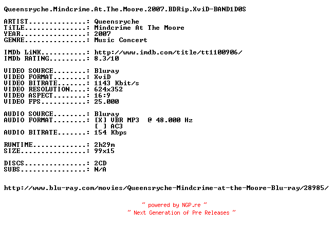 NFO for the release Queensryche.Mindcrime.At.The.Moore.2007.BDRip.XviD-BAND1D0S by BAND1D0S