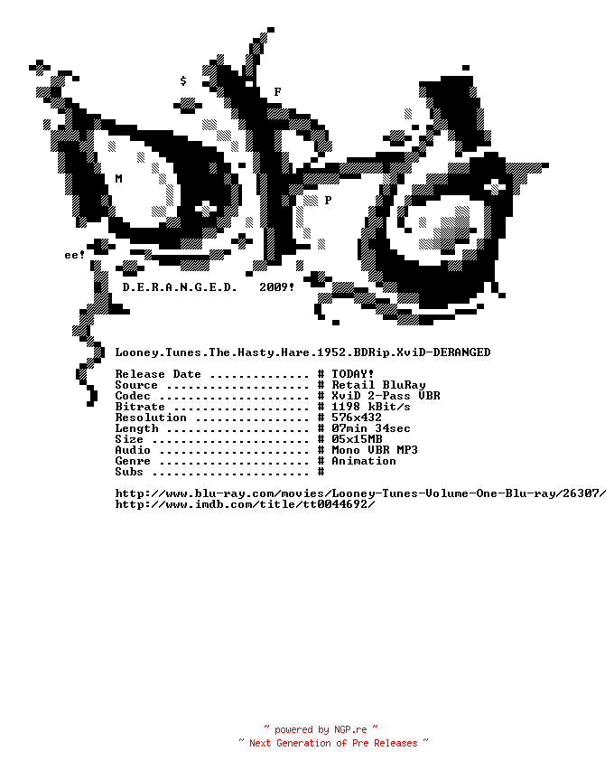 NFO for the release Looney.Tunes.The.Hasty.Hare.1952.BDRip.XviD-DERANGED by DERANGED