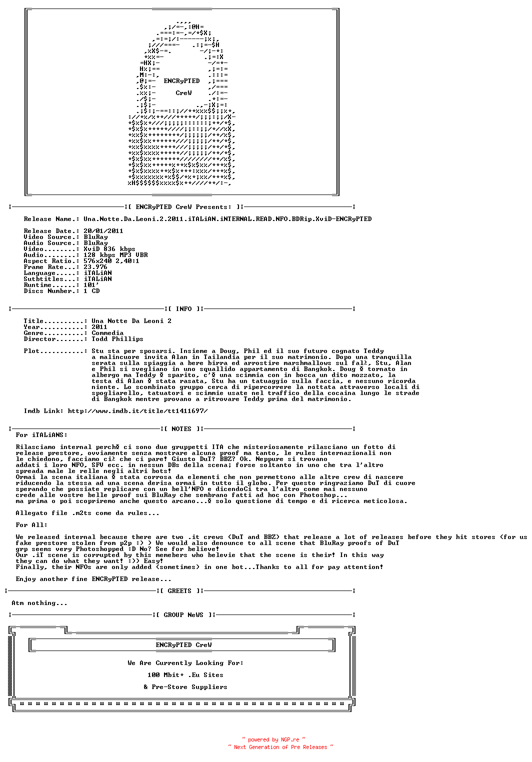 NFO for the release Una.Notte.Da.Leoni.2.2011.iTALiAN.iNTERNAL.READ.NFO.BDRip.XviD-ENCRyPTED by ENCRyPTED