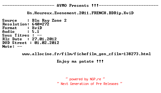 NFO for the release Un.Heureux.Evenement.2011.FRENCH.BDRip.XviD-AYMO by AYMO
