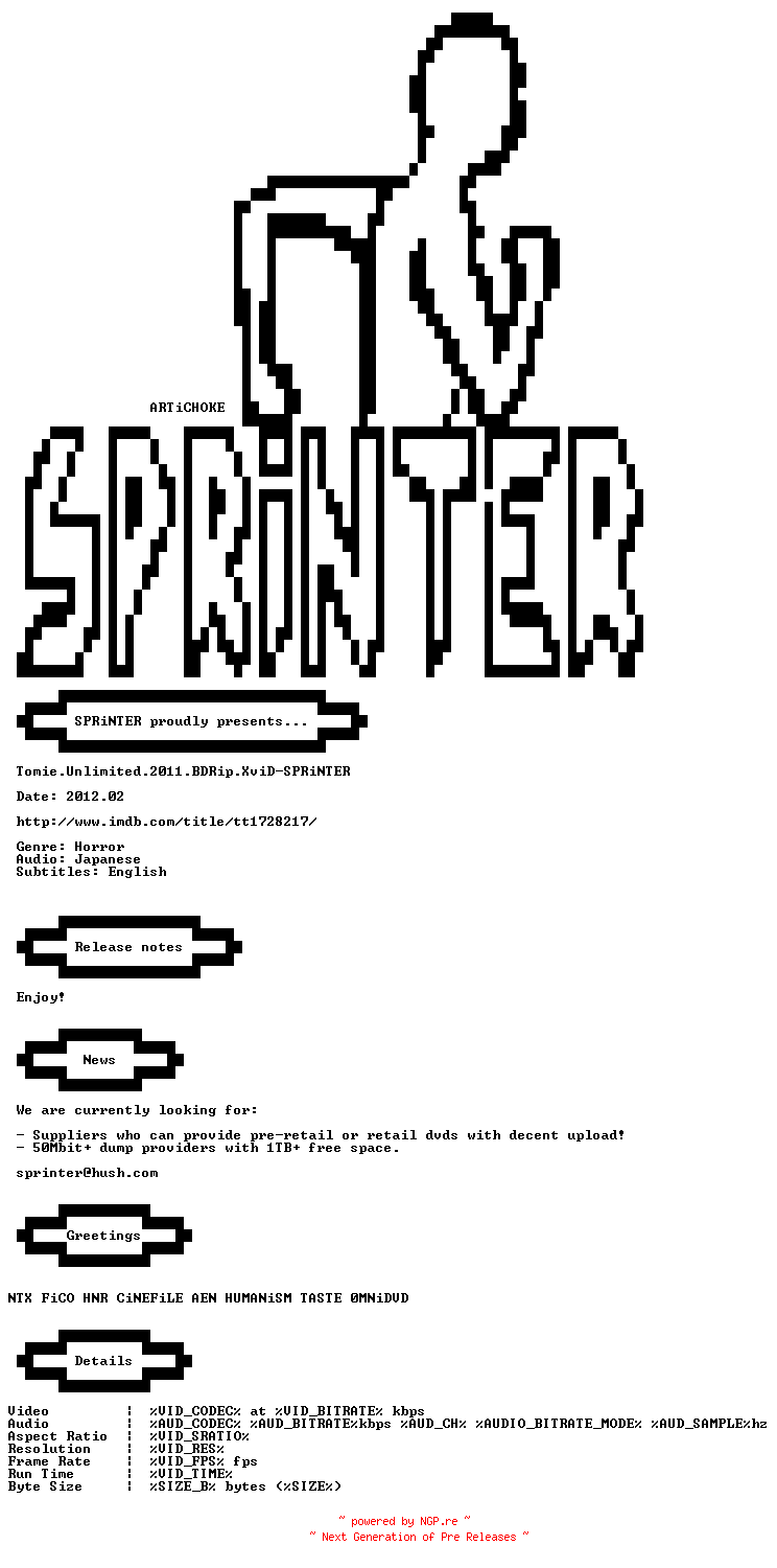 NFO for the release Tomie.Unlimited.2011.BDRip.XviD-SPRiNTER by SPRiNTER