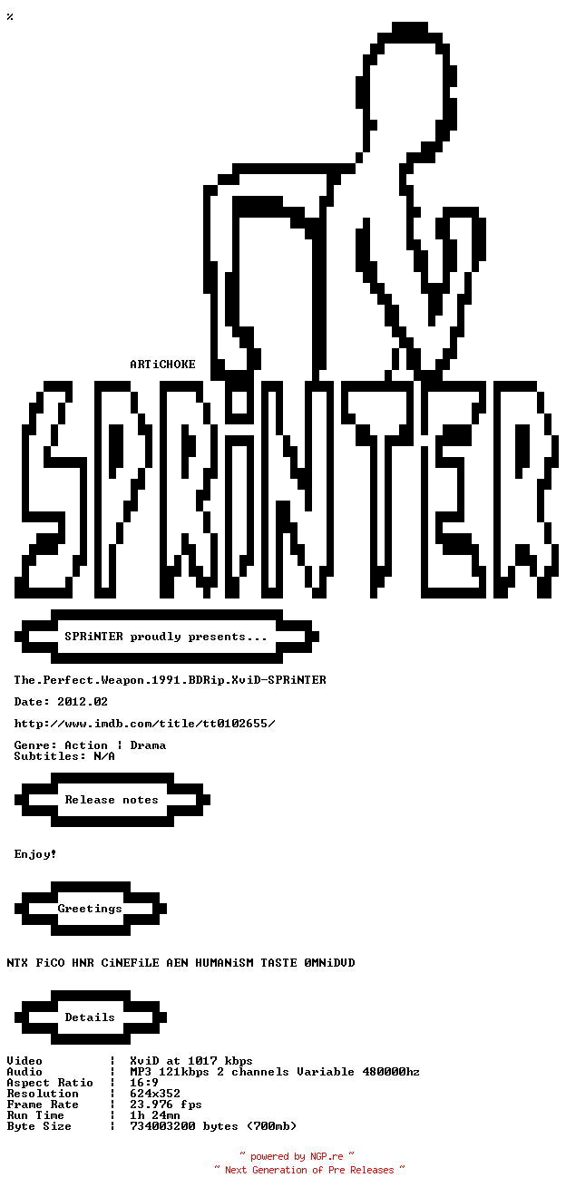 NFO for the release The.Perfect.Weapon.1991.BDRip.XviD-SPRiNTER by SPRiNTER